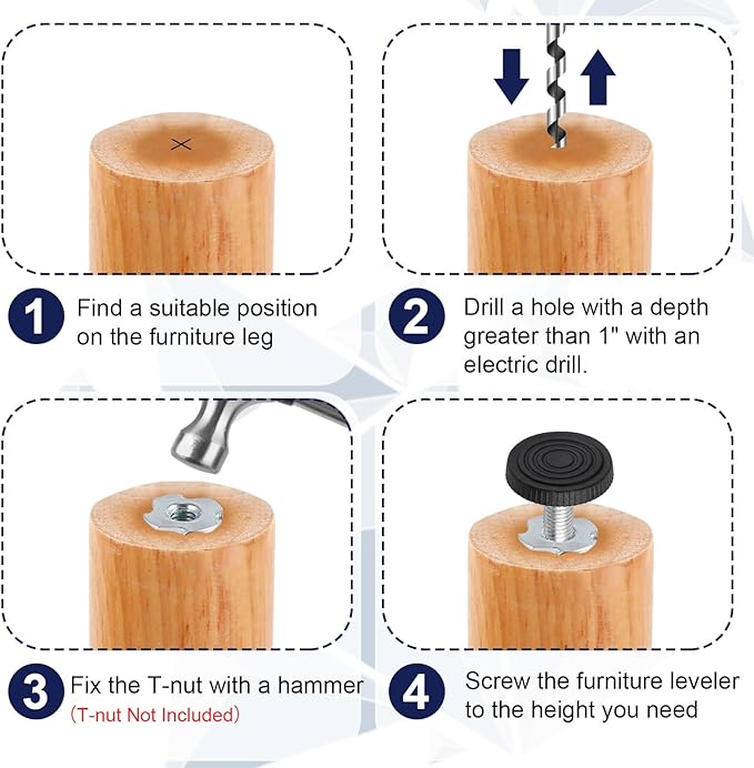 M8 Thread Levelers, 12 PCS Adjustable Furniture Feet, Screw in Leveling Feet for Table, Cabinets, Chairs, Stool Legs