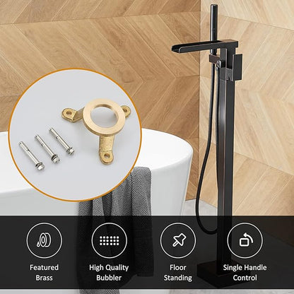 BESy Freestanding Bathtub Faucet Waterfall Tub Filler Oil Rubbed Bronze Floor Mount Brass Single Handle Bathroom Tub Faucets with 2 Function Hand Shower Wand