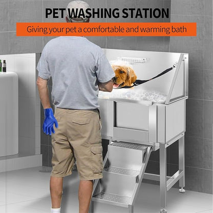 38" Stainless Steel Dog Cat Pet Grooming Bath Tub (w/Faucet, Sprayer, Shampoo Rack),Right Door