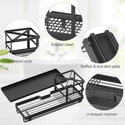 MYITYARD Toothbrush Holders for Bathrooms, Cotton Swabs & Cups Dispenser Set - Metal Electric Tooth Brushing & Toothpaste Countertop Organizer with Drainage for Shower, Sink - Black