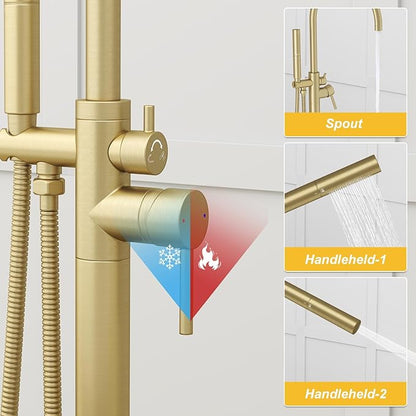BESy Freestanding Bathtub Faucet Tub Filler Free Standing Floor Mount Stand Brass Bathroom Tub Faucets Sets with 2 Function Hand Sprayer Shower Wand Swivel Spout, Brushed Gold Finish