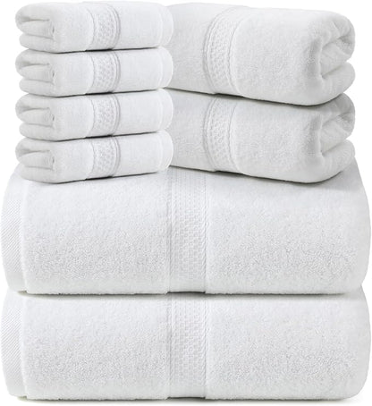 REDKISS Luxury Bath Towel Set of 8 Pieces - 100% Cotton, Super Absorbent, Quick-Dry | 2 XL Bath Sheets (35x70 in), 2 Hand Towels, 4 Washcloths | Hotel & Spa Quality-White