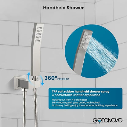 gotonovo Rainfall Bathroom Shower System Rain Shower Head and Handle Set Wall Mounted Shower Complete Combo Solid Brass Pressure Balancing Shower Mixer Valve 16 Inch Brushed Nickel