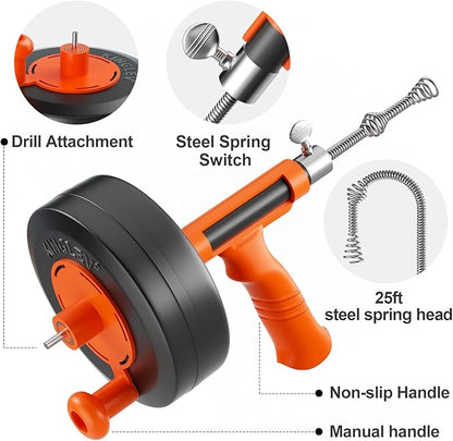 Drain Snake, 25ft Flexible Steel Drain Auger With Drill Adapter, Plumbing Unblocking Hand Auger, Manual Or Powered for Shower & Bathtub Clogs-No auto retract or feed (Orange)