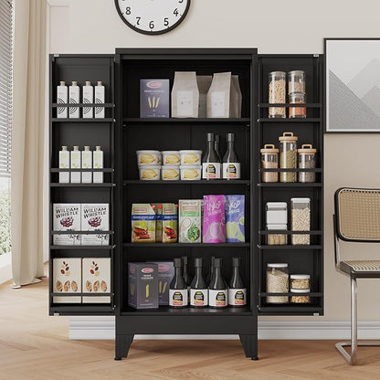 48" H Metal Kitchen Pantry Storage Cabinet, Freestanding Cupboard Storage Cabinet with Doors and Adjustable Shelves, Large Stand Up Food Cupboard for Living Room, Dinning Room, Black