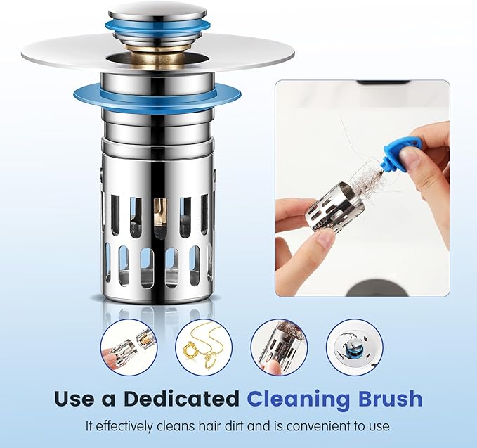 Universal Bathroom Sink Stopper, Pop Up Sink Drain Strainer Plug with Removable Stainless Steel Filter Basket Hair Catcher,Solid Brass Body,Bathroom Bathtub Drain Stopper,Bright Silver
