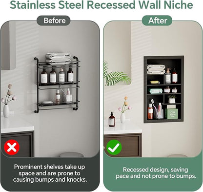 Stainless Steel Recessed Medicine Cabinet 14 * 24, Rust-proof Metal Wall Niche, In Wall Shower Niche Shelf Insert Replacement, Recessed Medicine Cabinets for Drywall, with 5 Compartments, Black