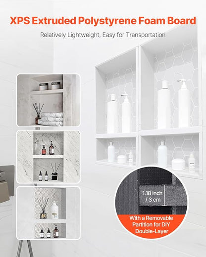 VEVOR Shower Niche, 16 x 32 inch + 16 x 32 inch Recessed Wall Niche with Movable Shelf, 4 inch Thick Modern Soap&Shampoo Storage Organizer,Square Corners,Sealed Waterproof,Black for Bathroom Shower