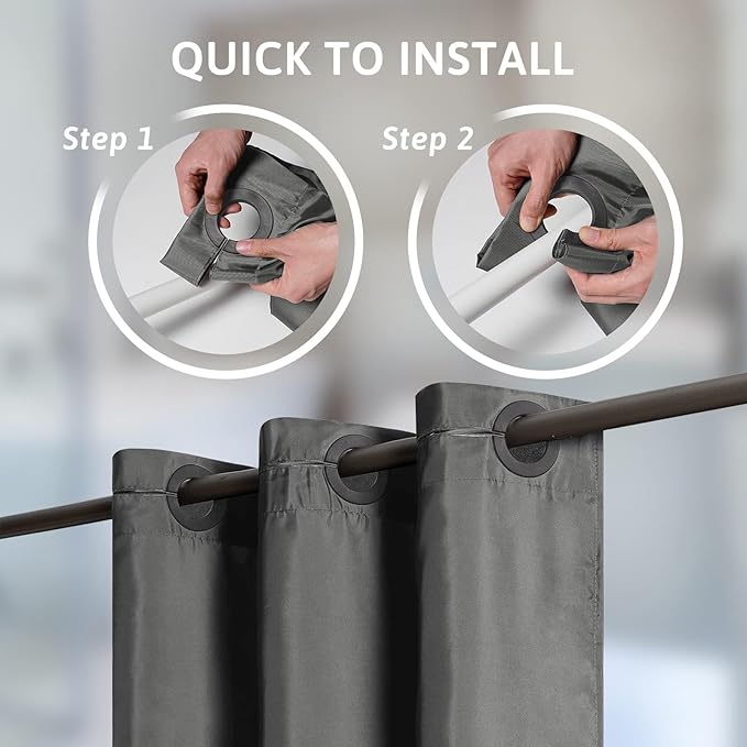 Furlinic No Hook Extra Long Shower Curtain 96 Length,Polyester Fabric Bathroom Curtain with 10 Split Plastic Built-in Hooks,Waterproof & Machine Washable,Dark Grey,78 x 96 Inch