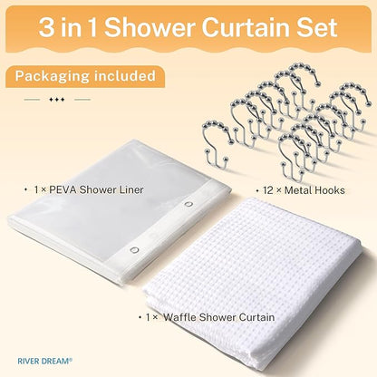 River Dream 3 in 1 Waffle Shower Curtain Set, White Fabric Shower Curtain and Clear Liner Set, with Double Sided Hooks, Waterproof, 72" W*78" H