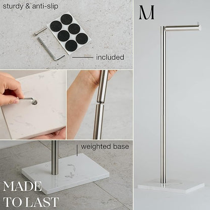 MARMOLUX ACC Free Standing Brushed Nickel Toilet Paper Holder Stand White Marble Base and Storage | 4 Jumbo Roll Bathroom Hardware Toilet Tissue Organizer | Stainless Steel Bathroom Decor Accessory