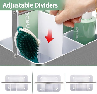 Plastic Shower Caddy Basket - Portable Large Bath Storage Organizer Bin Tote with Handle and divider for College Dorm,Cabinet,Bathroom Counter, Brushed Nickel White