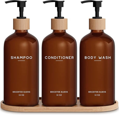 Amber Shampoo and Conditioner Dispenser Set by Brighter Barns - Refillable Plastic Shower Dispenser for Bathroom - Body Wash and Shampoo Bottles with Tray - Boho Decor for Airbnb, Hotel, Gift (Amber)
