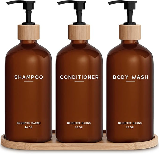 Amber Shampoo and Conditioner Dispenser Set by Brighter Barns - Refillable Plastic Shower Dispenser for Bathroom - Body Wash and Shampoo Bottles with Tray - Boho Decor for Airbnb, Hotel, Gift (Amber)