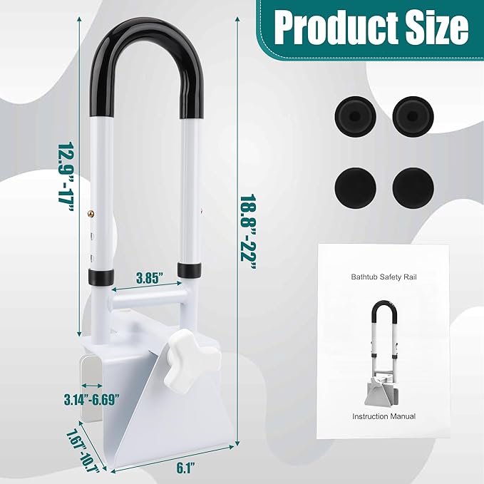 Adjustable Bathtub Safety Rail, Bathtub Safety Rail, Supports 300 lbs, Coolrunner Bathroom Safety Bars with Non-Slip Grip, Assistance Bathtub Handle Clamp for Elderly Bath Support