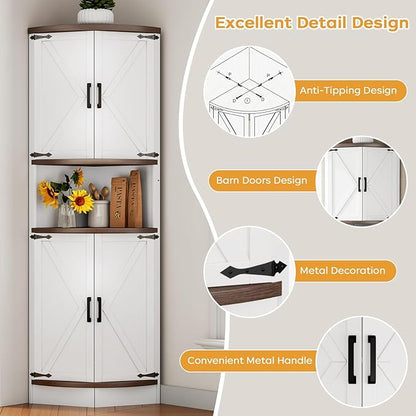 64.8" Farmhouse Corner Cabinet, Dining Room Tall Corner Cabinet with 4 Barn Doors and 5 Storage Shelves, Bar Storage Cabinets for Kitchen, Living Rooms, Laundry Room White