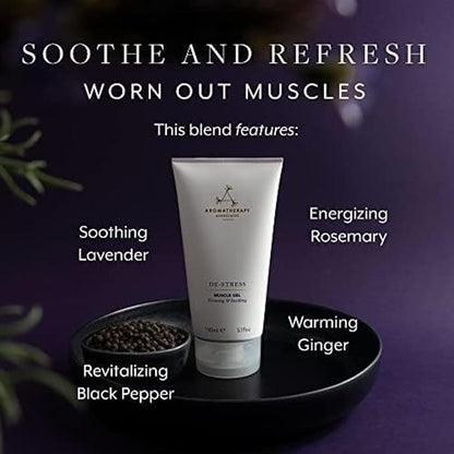 Aromatherapy Associates De-Stress Muscle Gel, Cooling & Warming Massage Gel with Ginger, Black Pepper & Rosemary Essential Oils for Daily Tension & Post-Activity Comfort, 5.07 oz