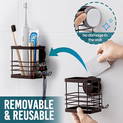 TAILI Patented Suction Cup Toothbrush Holder, Stainless Steel Anti-Puddling Toothbrush Shower Holder, No Drilling Removable Organizer for Bathroom Toothpaste, Razor, Kitchen and Office Items, Brown