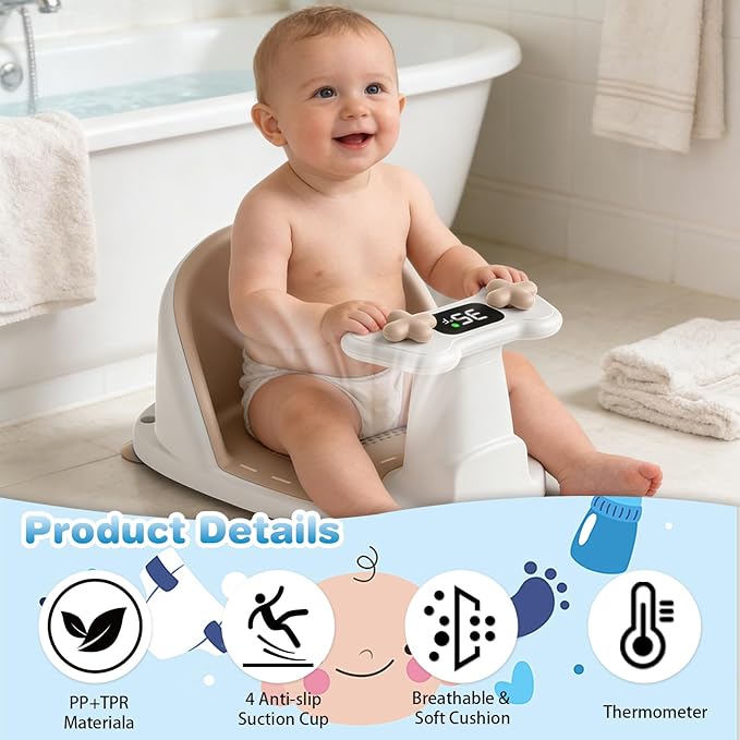 Baby Bath Seat for Babies 6 Months & Up - Bathtub Seats for Babies Sitting Up, Non-Slip,Smart Real-Time Temperature& 4 Suction Cups(Khaki)