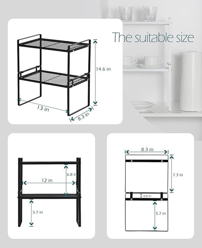 2 Pack Kitchen Cabinet Shelf Counter Organizer Rack Pantry Storage Bathroom Bedroom Office Table Desk Space Saving Steel Frame Stackable Rust Resistant Non Slip Black