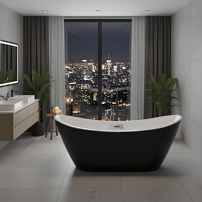 Luxury Acrylic Freestanding Bathtubs 67 Inch – Extra Large Free Standing Soaking Tub with Integrated Overflow & Pre-Installed Pipe,Black & White, Modern Bathroom Upgrade for Spa-Like Comfort