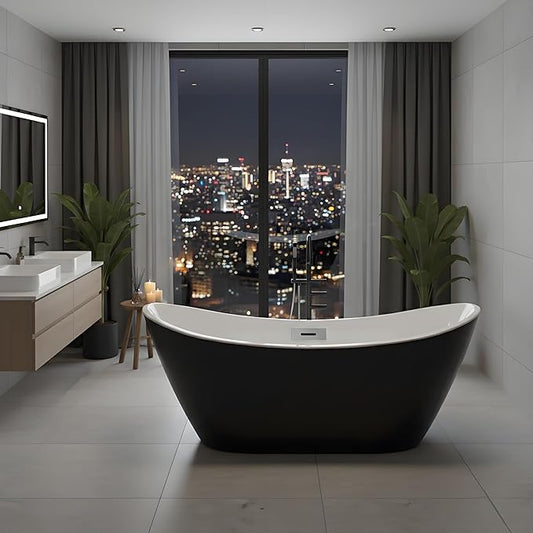 Luxury Acrylic Freestanding Bathtubs 67 Inch – Extra Large Free Standing Soaking Tub with Integrated Overflow & Pre-Installed Pipe,Black & White, Modern Bathroom Upgrade for Spa-Like Comfort