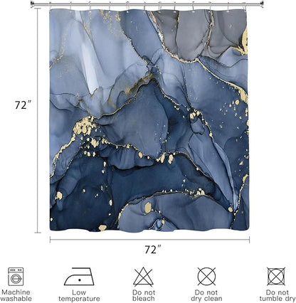 Navy Blue Marble Shower Curtain, Dark Blue Modern Abstract Fabric Shower Curtains for Bathroom, Luxury Art Ink Texture Watercolor Shower Curtain Set with Hooks 72x72