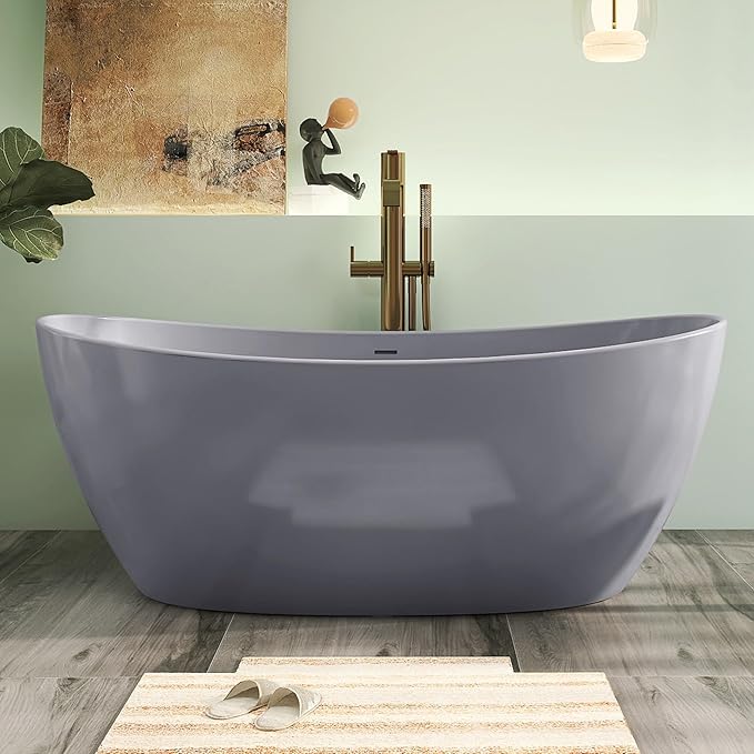 65" Premium Solid Surface Free Standing Bathtub, Upgraded Light Grey Design Stone Resin Soaking Tub with Overflow and Pop-up Drain