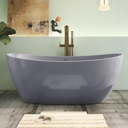 65" Premium Solid Surface Free Standing Bathtub, Upgraded Light Grey Design Stone Resin Soaking Tub with Overflow and Pop-up Drain