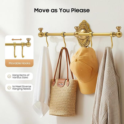 TFCFL Wall Mounted Towel Rack with 4 Hooks, Vintage Gold Brass Bathroom Organizer 14.17", H59 Brass for Bathroom & Kitchen