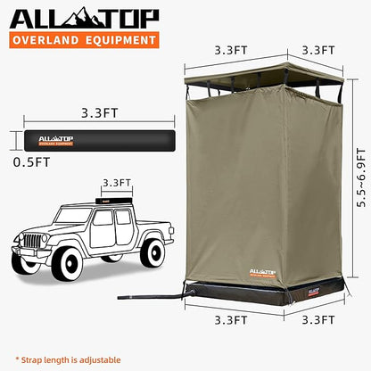 ALL-TOP Awning Shower Room w/Foldable Floor Mat, 3.3ft x 3.3ft, Privacy Shelter Restroom w/Roof, LED Light, Drain Pipe, Carside Bathroom