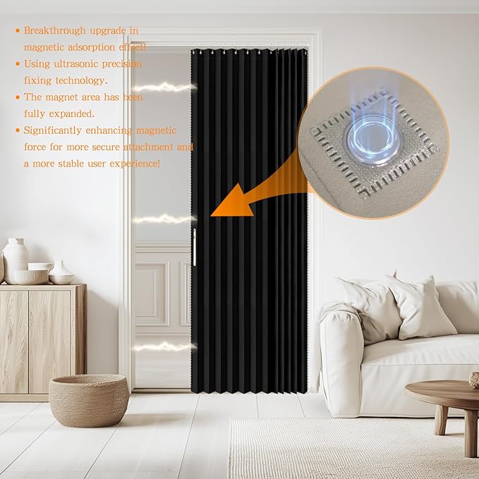 Accordian Door Curtain, 100% Blackout Folding Magnetic Doorway Curtains,Linen Style Closet Doors,for Room Divider,Privacy Protection（W72 x L78,Black,1 Panel）