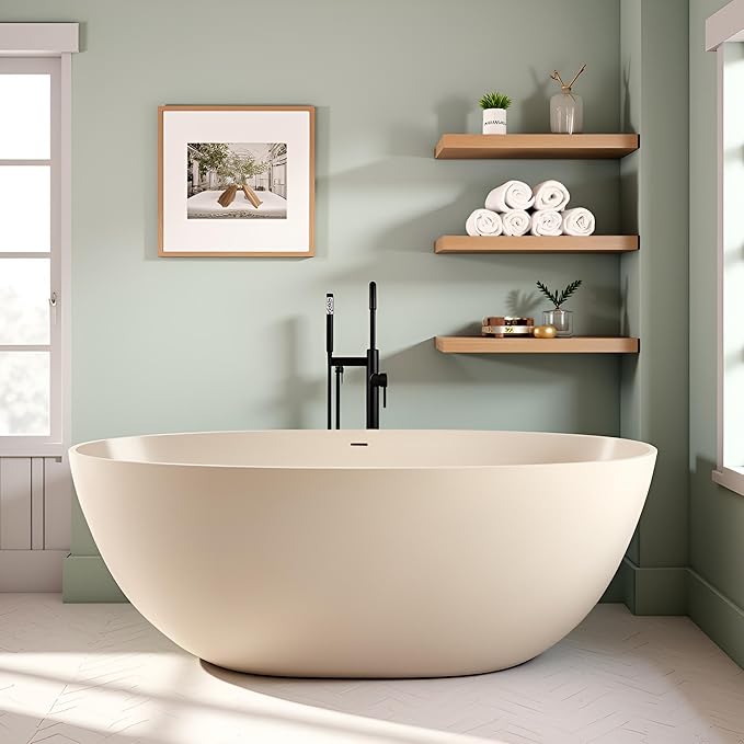 Stone Resin Freestanding Bathtub 65", Elegant Oval Shape Soaking Tub, Solid Surface Stand Alone Bathtub with Drain & Integrated Slotted Overflow AMFS303-1650 milky coffee