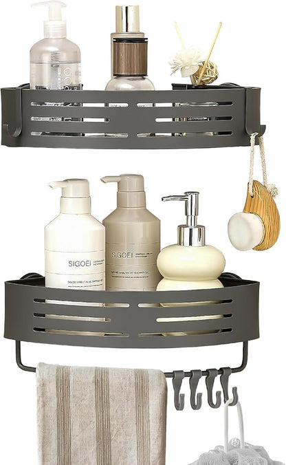 Suction Cup Shower Caddy Corner, Shower Storage Rack With Large Capacity, No Drilling Suction Shelves Space-Saving Shower Organizer with Towel Bar Hooks for Bathroom & Home Decor(2pcs, Gray)