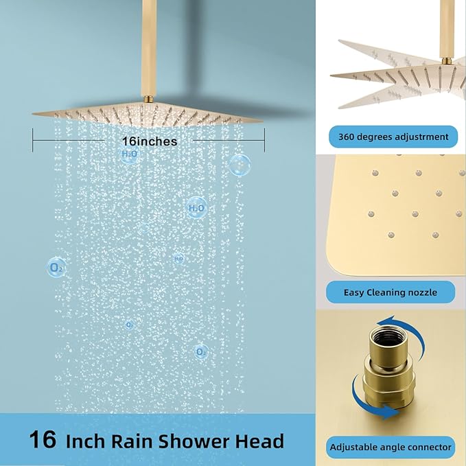 Digital Display Shower System Set 16 Inches Rain Fall Head Temperature Valve Shower Handheld Shower Head Sets for Bathroom Concealed Installation