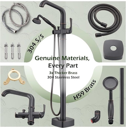 Luxury Free Standing Tub Faucet, Classic Brass Freestanding Bathtub Faucet, Lexdale Bathroom Floor Mount Tub Filler with handheld Sprayer Supply Lines Included Oil Rubbed Bronze (LD8911-ORB)