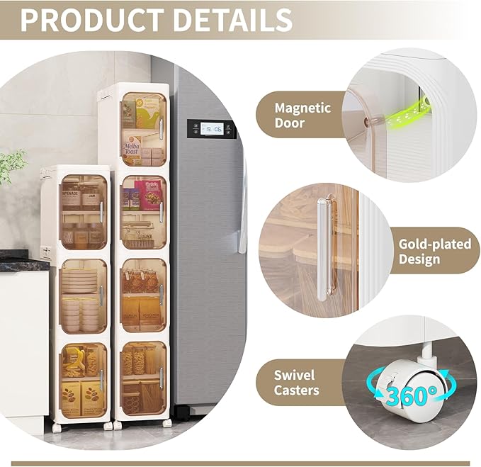 KHNR 3-Tiers Slim Bathroom Storage Cabinet, Foldable Storage Cabinets,Narrow Bathroom Storage,Movable Bathroom Storage Organizer for Small Spaces,Bathroom,Kitchen,Laundry,Cream White