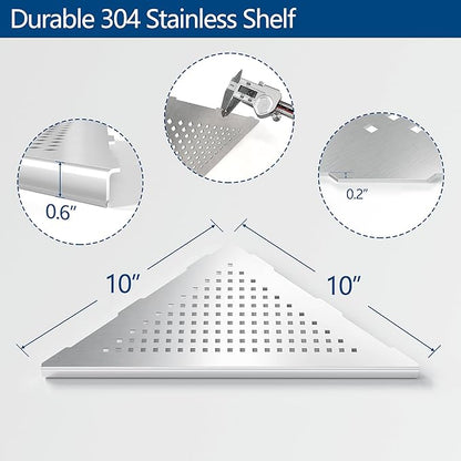 Neodrain 10 Inch Brushed Shower Shelves Corner Shelf for Tile Wall,304 Stainless Steel Corner Shower Shelves for Bathroom, Floating Corner Shelves for Shower Wall, No Drilling(Set of 2