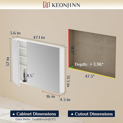 Keonjinn 48 x 32 Inch Oversized Medicine Cabinet for Bathroom with Mirror, Assembly Required, Silver Aluminum Structure, Free Adjustable Shelves, Combined Recessed or Surface Mount Wall Cabinet