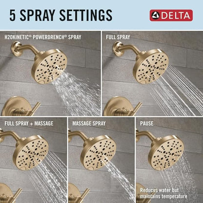 Delta Nicoli 14 Series H2Okinetic Bathtub and Shower Faucet Set, Brushed Gold Shower Head and Handle Set, Valve Trim Kit, Champagne Bronze 144749-CZ (Valve Included)