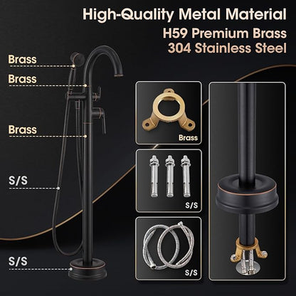 Freestanding Tub Faucets Bathroom Floor Mounted Waterfall Tub Filler Brass High Flow Swivel Spout&Hand Shower Oil Rubbed Bronze