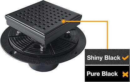 Neodrain 4-Inch Square Shower Drain with Removable Quadrato Pattern Grate, 304 Stainless Steel, Includes PVC Shower Drain Base&Hair Strainer, Shiny Black