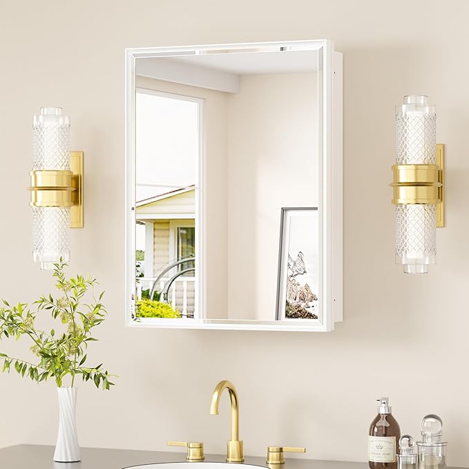 TETOTE 20" x 26" White Medicine Cabinet with Stepless Adjustable Shelves Beveled Mirror with Storage for Bathroom Vanity Recessed or Surface Wall Mount