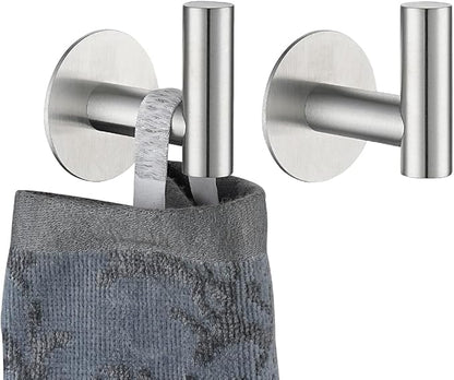 JQK Self Adhesive Towel Hook Brushed, No Drill Stick on Coat Robe Clothes Wall Hook for Bathroom Kitchen Garage 2 Pack, 304 Stainless Steel Brushed Steel, ATH110-BN-P2