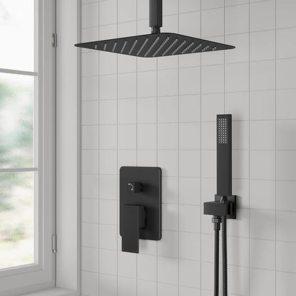 ESNBIA Shower System Black, All Metal Ceiling Shower Faucet Set with Pressure Balance Valve Kit,10" Rain Heads with Handheld Spray Combo, Matte Black