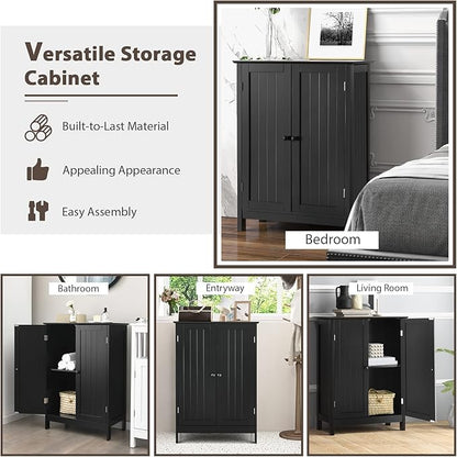 Tangkula Freestanding Storage Cabinet with Double Doors and Shelf, Modern Home Furniture, Wooden Home Organizer for Living Room, Bathroom Storage Cabinet (Black)
