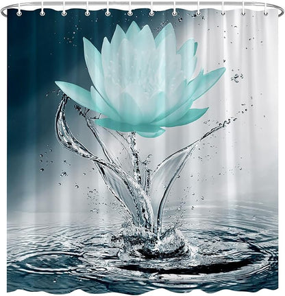 Lotus Shower Curtain Black White Blue Teal Flower Elegant Blooming Floral with Dew Spring Flower Reflection on Water Modern Romantic Polyester Fabric Bathroom Decor 70×90 Inch with Hook