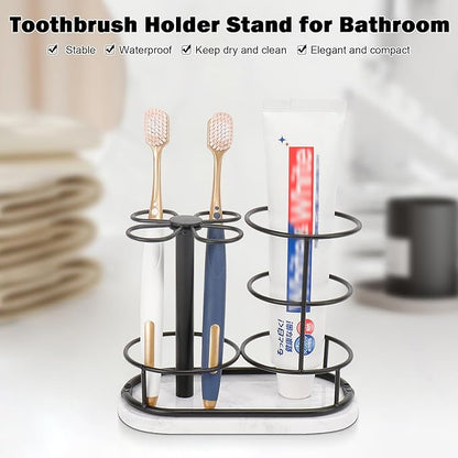 HarJue Toothbrush Holder Stand for Bathroom, Metal Toothbrush Organizer with Marble Base, Toothbrush Storage Collection for Family, Suitable for Home Hotel Countertop Vanity (Medium, Matte Black)