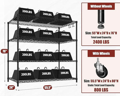 PrimeZone 55.5" W x 24" D x 80" H Heavy Duty Wire Storage Shelves with Wheels, 4 Tier Adjustable NSF Certified Garage Shelving Unit, Rolling Metal Organizer Shelf Rack for Warehouse, Pantry, Black