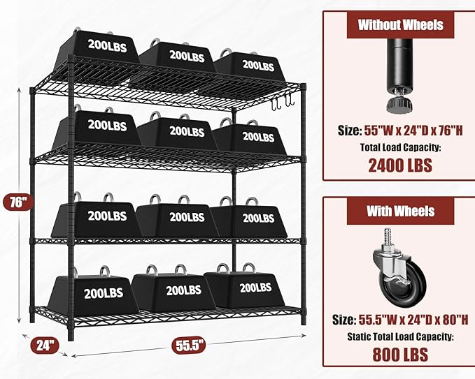 PrimeZone 6 Packs 55.5" W x 24" D x 80" H Heavy Duty Wire Storage Shelves with Wheels, 4 Tier Adjustable NSF Certified Garage Shelving Unit, Rolling Metal Organizer Shelf Rack for Warehouse, Pantry